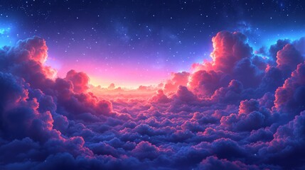 Close up view of beautiful colorful clouds, sky background, cartoon style. Fluffy  clouds. Sunset, sundown background