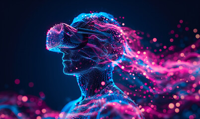 Man wearing VR glass with digital blue and pink abstract wave and dot dark background