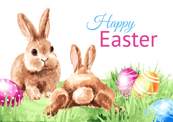 Colored Easter eggs, spring flowers and little rabbit, Hand drawn watercolor illustration isolated on white background