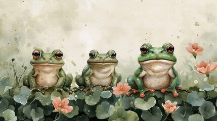 Watercolor frog in a row illustration. Hand painted image of a cute frog. Frog clipart with flowers, wallpaper.