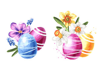 Easter colored eggs and spring flowers. Hand drawn watercolor illustration isolated on white background 