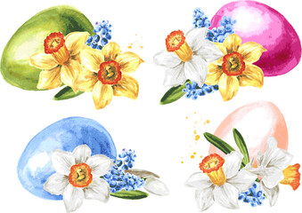 Easter colored eggs and spring flowers. Hand drawn watercolor illustration isolated on white background 