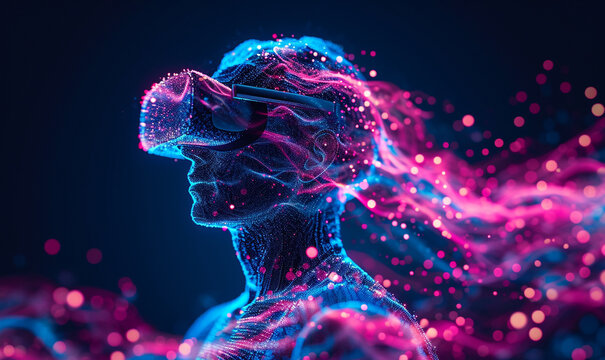 Man wearing VR glass with digital blue and pink abstract wave and dot dark background