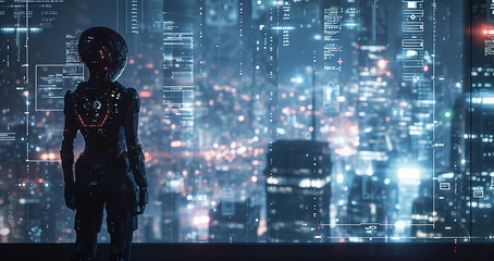 Female Cyborg learning big City hologram data on dark background. copy space