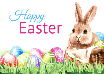 Colored Easter eggs in the green grass and little rabbit, Hand drawn watercolor illustration isolated on white background  - копия
