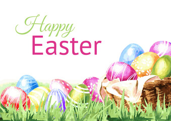 Easter colored eggs and spring flowers. Hand drawn watercolor illustration isolated on white background 