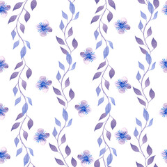 watercolor seamless pattern ornament with blue branches and flax flowers