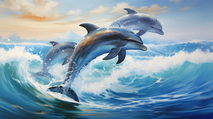 illustration of a group of dolphins swimming in the sea with the waves