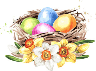 Easter colored eggs and spring flowers. Hand drawn watercolor illustration isolated on white background 