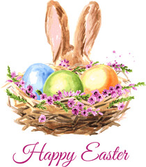 Colored Easter eggs, spring flowers and little rabbit, Hand drawn watercolor illustration isolated on white background