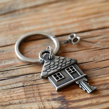 keys on a door, a house keychain with a house shaped key on it sitting on a wooden table with a keychain