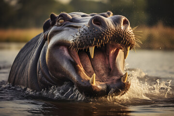 Hippo opens mouth in water in front of daytime view