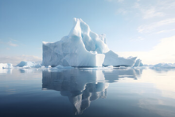 Iceberg in the middle of the sea, blue sky reflecting light during the day