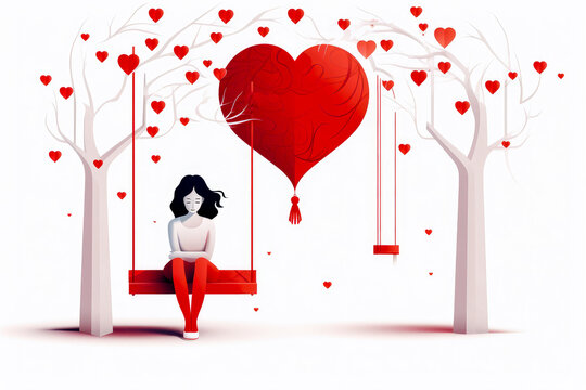 Woman sitting alone on a swing on Valentine's Day on a white background. Single, self-love, loneliness concepts.