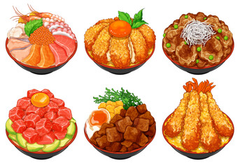 Japanese food donburi set menu illustration vector. Japanese rice bowl (Donburi) isolated vector. Kaisen don menu, Katsudon, Butadon, Tuna avocado donburi, Gyudon beef, Shrimp tendon (Shrimp tempura)