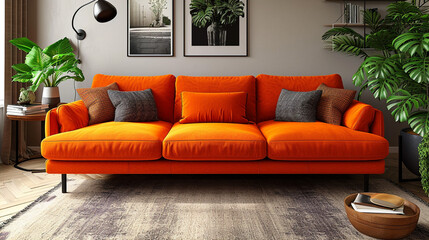 Modern orange sofa in living room.