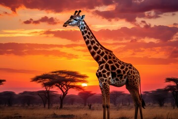 Majestic giraffe at sunset in the African savannah