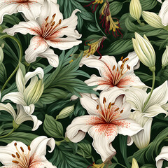 Seamless white lilies, dark green background. Leaves. More details.