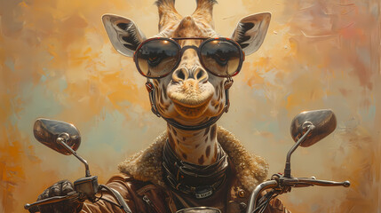 giraffe on scooter - obrazy, fototapety, plakaty