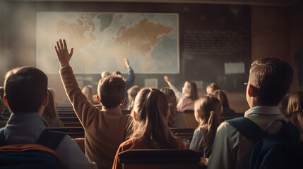 Schoolchildren raising their hands in the classroom, back view