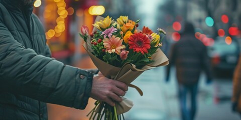 man giving a bouquet of flowers to a stranger on the street, random acts of kindness day