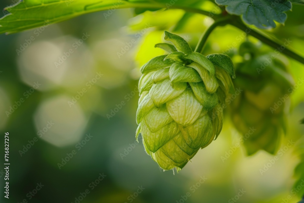 Wall mural macro shot of a fresh, green hop cone used in brewing beer, focusing on the texture and details.