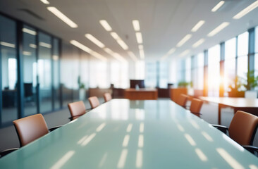 Blurred empty modern office. Defocused abstract light bokeh business open space interior background for design. Corporate strategy, finance, operations, marketing. Blur focus of tables with computers