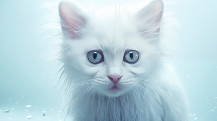 Wet white kitten with sad eyes, close-up muzzle on a light background with drops of water. Sad cat.