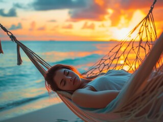 a girl is sleeping in a hammock on the beach, ocean, colorful, morning