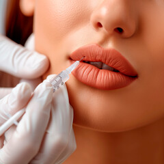 Woman at the beautician. The concept of lip augmentation, injection cosmetology, anti-aging procedures.