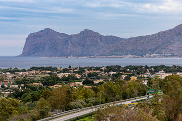 Palermo, Sicily, Italy A view of the Isola delle Femmine point and resdiential area with the E 90...