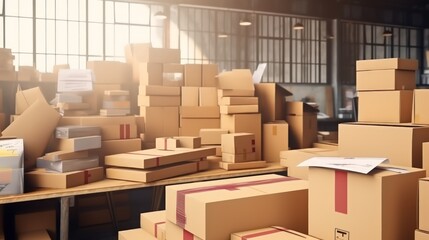 Parcels in cardboard boxes from online stores at the post office. Express delivery with modern accounting and distribution facilities. Optimization storage systems for efficient product accounting.