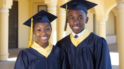 Smiling African-American student couple in mortarboards celebrates graduation on college stadium