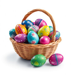 Fototapeta na wymiar Colorful painted Easter eggs in a basket isolated in front of white background