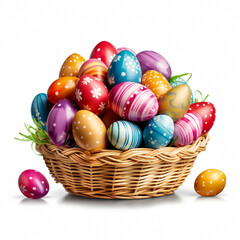 Fototapeta na wymiar Colorful painted Easter eggs in a basket isolated in front of white background