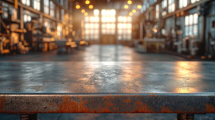 Steel table top in blur factory background.
