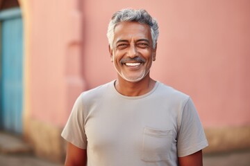 Portrait of a glad indian man in his 60s showing off a lightweight base layer against a pastel or...
