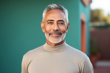 Portrait of a glad indian man in his 60s showing off a lightweight base layer against a pastel or...