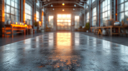 Steel table top in blur factory background.