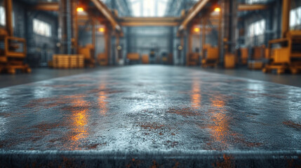 Steel table top in blur factory background. - obrazy, fototapety, plakaty