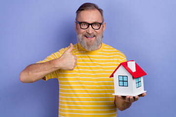 Fototapeta na wymiar Photo of satisfied clever man dressed striped t-shirt in eyewear show thumb up hold miniature house isolated on purple color background