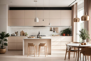 A serene kitchen with pastel tones and a white empty canvas frame