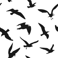 Black bird silhouettes seamless pattern. Wild nature background