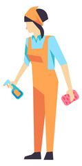 Cleaner woman hold sponge and spray bottle. Professional worker