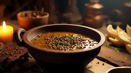 lentils soup in a clay pot on a wooden table.