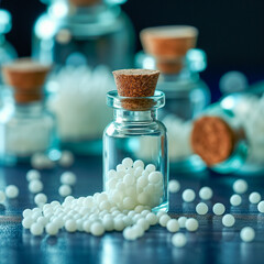 Close-up of homeopathic globules being poured out of a glass jar onto a wooden background.