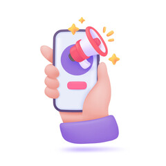 3D megaphone flying from a mobile phone with gold coins online marketing ideas Advertisements to promote sales. 3D Vector Illustration.