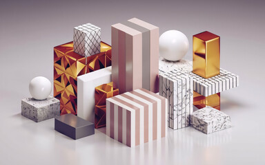 Abstract golden geometric composition, white background, 3d design render