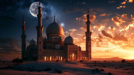 Mosque in the desert at night with a starry sky. 3d rendering