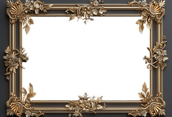 Gold picture frame isolated on white background, large-scale painting, panoramic scale, png, transparent